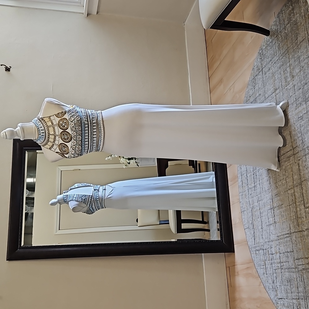 Size 6 white Sherri Hill gown with blue and bronze color tone beadwork